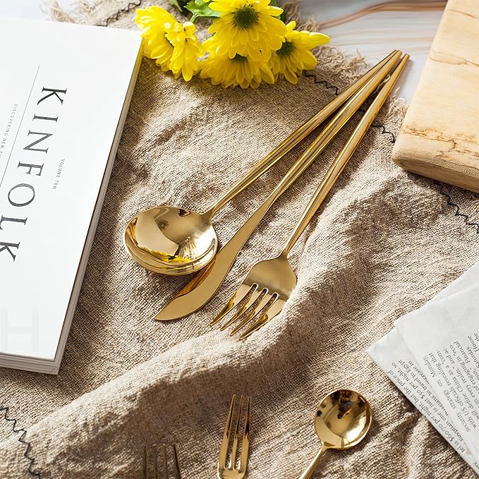 Homelux Theory 18/10 Gold Silverware Set, 5pc Mirror Polished Modern Silverware Set, 18/10 Gold Flatware, Knife Set, Knife Spoons & Forks Set, Modern Cutlery Set of 2
