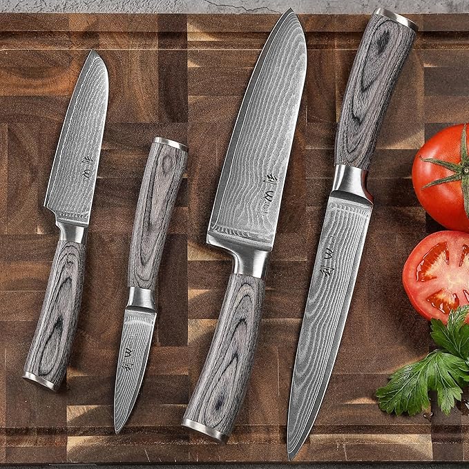 Wakoli EDIS Damascus 4-Piece Knife Set – Japanese Style Kitchen Knives | Genuine Damascus Steel Blades with VG10 Core | Ergonomic Pakkawood Handles | Professional Chef Knife Set in Wooden Gift Box