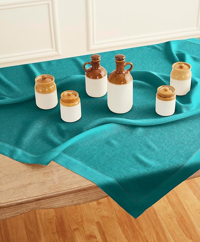 Solino Home Linen Square Tablecloth 52 x 52 Inch - 100% Pure Linen Teal Table Throw - Classic Hemstitch, Machine Washable Table Cloth for Summer, Fall, Autumn