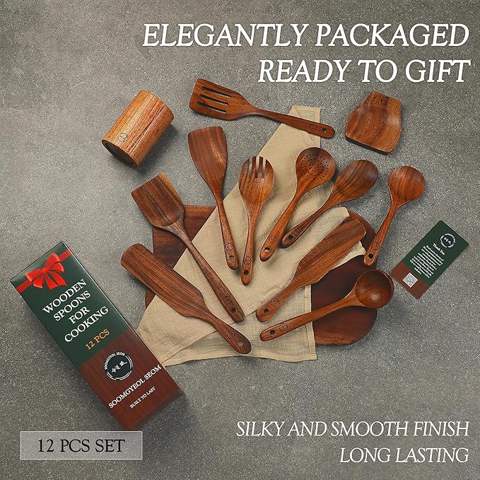 Wooden Spoons for Cooking – 12-Piece Teak Wood Utensil Set with Large Spoon Holder, Spoon Rest & 2 Spurtles – Non-Stick, Heat Resistant, Comfortable Grip Kitchen Tools