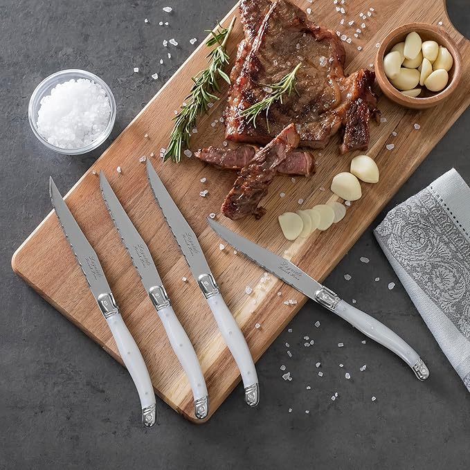 French Home Laguiole 4-Piece Steak Knife Set – Sophisticated Stainless Steel Dinner Knives with Pearlized White Handles & Iconic Bee Emblem – Serrated Knives for Smooth Cutting (9.25")
