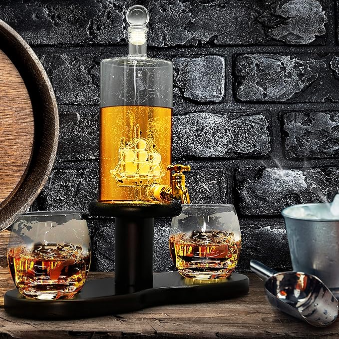 NutriChef Glass Whiskey Decanter - 780ml Barrel Whiskey Carafe Alcohol Decanter Set Glasses, Decanter w/ Spigot, Stopper & Base, For Brandy Wine Cognac Rum Gin Scotch Bourbon