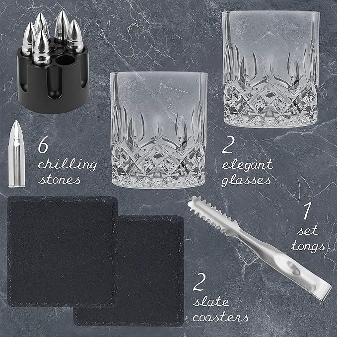 Titan LSO Whiskey Glasses and Stones in Unique Tactical Box Display | Bourbon Cocktail Cups, Coasters and Tongs | Gifts for Men | Glass Set