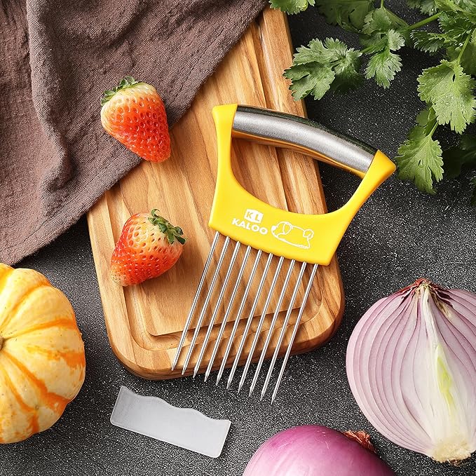 2PCS Onion Slicer Holder, Kaloo Stainless Steel Onion Cutter for Slicing and Storage Onions, Tomato, Vegetable and Eggs, Protective Cover Included, Dishwasher Safe (Stylish Orange+ Yellow Color)