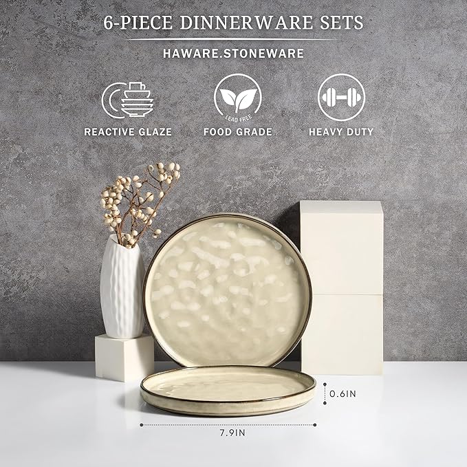 HaWare Stoneware Plates Set of 6, 7.9” Salad Plates, Reactive Glaze Ripple Ceramic Dish Set for Appetizer, Dessert, Scratch Resistant, Small Dinner Plate, Microwave and Dishwasher Safe, Saturn Khaki