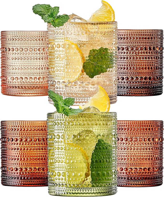 Hobnail Beaded Highball Drinking Tumbler Glasses | Set of 6 | Color, Vintage Bubble Design Whiskey Glassware, Old-Fashioned, Embossed Design for Water, Wine, Cocktail Embossed Heavy Glas, Rocks Glass