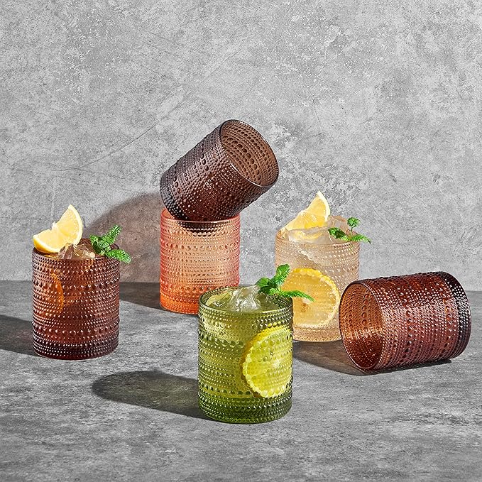 Hobnail Beaded Highball Drinking Tumbler Glasses | Set of 6 | Color, Vintage Bubble Design Whiskey Glassware, Old-Fashioned, Embossed Design for Water, Wine, Cocktail Embossed Heavy Glas, Rocks Glass