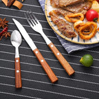 Forks and Spoons Silverware Set, HAPPY KIT Wooden Handle Flatware Set 16-Piece (4 Sets) 18/8 Stainless Steel Cutlery Set Wooden Spoons Dinner Knife Dinner Fork and Spoon Set