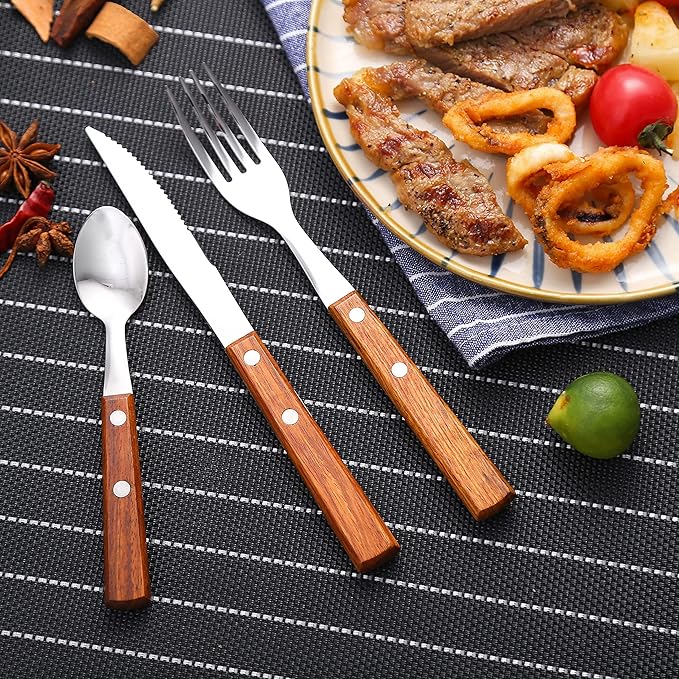 Forks and Spoons Silverware Set, HAPPY KIT Wooden Handle Flatware Set 8-Piece (2 Sets) 18/8 Stainless Steel Cutlery Set Wooden Spoons Dinner Knife Dinner Fork and Spoon Set