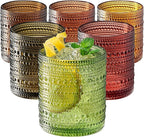 Hobnail Beaded Highball Drinking Tumbler Glasses | Set of 6 | Color, Vintage Bubble Design Whiskey Glassware, Old-Fashioned, Embossed Design for Water, Wine, Cocktail Embossed Heavy Glas, Rocks Glass