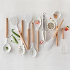 Silicone Cooking Utensils Set, MONGSEW Heat Resistant Kitchen Utensils for Cooking with Wooden Handle, Spatula Turner Spoon Tongs Whisk (WHITE, Smile Dog Pattern)