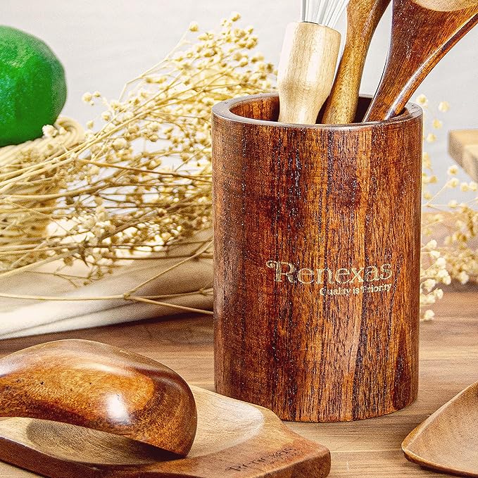 Wooden Spoons for Cooking Utensils, Natural Teak Wooden Cooking Spoons with Nonstick Spatula Set, Bamboo Kitchen Utensils With Holder, Wood Spoon Set for Kitchen Essentials (12)