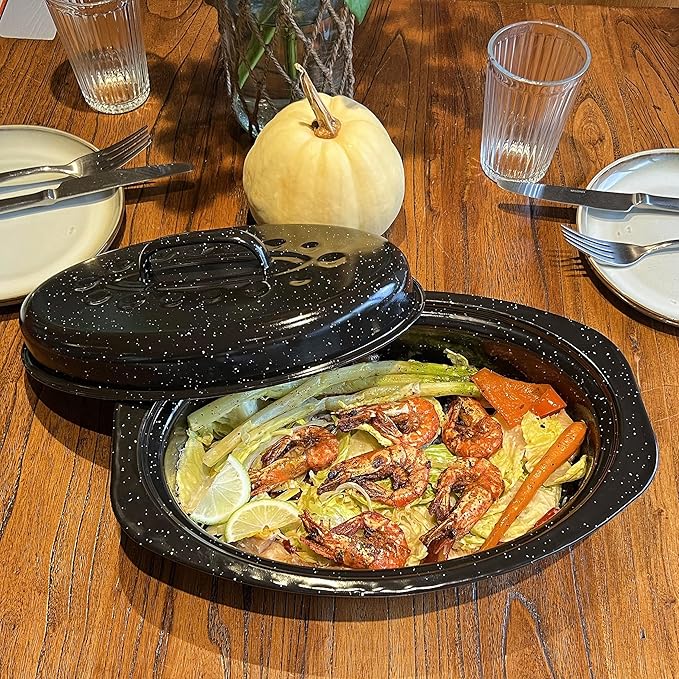 13” Enamel Roaster With Lid Oval Roasting Pan For Oven with 11"Inner Diameter Broiler Pan Suitable For Dining With Two People High Temperature Resistance Dishwasher Safety Gift Idea for Christmas