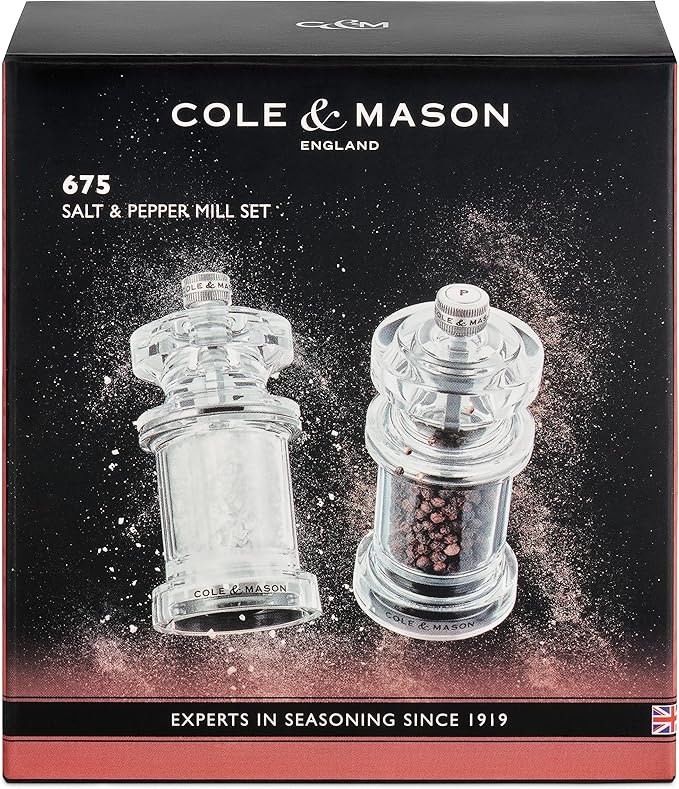 Cole & Mason 675 Refillable Spice Mill - Kitchen & Home Accessory - Salt & Pepper Grinder Set - Salt & Peppercorn Included - Acrylic - Salt & Pepper Set 4.5"