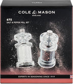 Cole & Mason 675 Refillable Spice Mill - Kitchen & Home Accessory - Salt & Pepper Grinder Set - Salt & Peppercorn Included - Acrylic - Salt & Pepper Set 4.5"