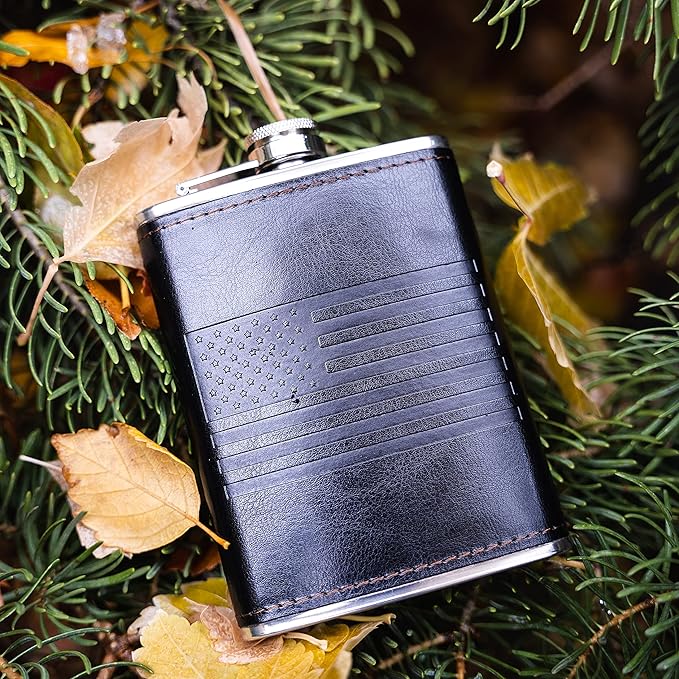 Leather American Flag Hip Flask - Leak Proof Food Grade Stainless Steel for Whiskey or Bourbon Liquor | Bonus Funnel (USA 8 Ounce Flask, Black Leather Wrap)