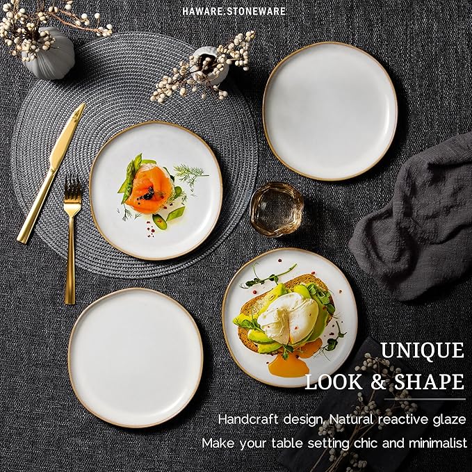 HaWare Stoneware Salad Plates Set of 6, 7.9” Heavy Duty Ceramic Plates, Reactive Glaze Dinnerware for Home Restaurant, Chip and Scratch Resistant, Microwave and Dishwasher Safe, Reactive Pearl White