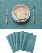 Home Brilliant Linen Placemats Set of 6 Heat Resistant Dining Table Place Mats for Kitchen Table, 13 x 19 inches, Peacock