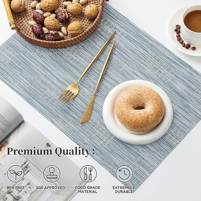 Leetaltree Jacquard Blue Placemats Set of 4 - Heat Resistant Non-Slip Place mats for Dining Table, Washable Durable PVC Vinyl Woven Table Mats (Jacquard Blue, 4)