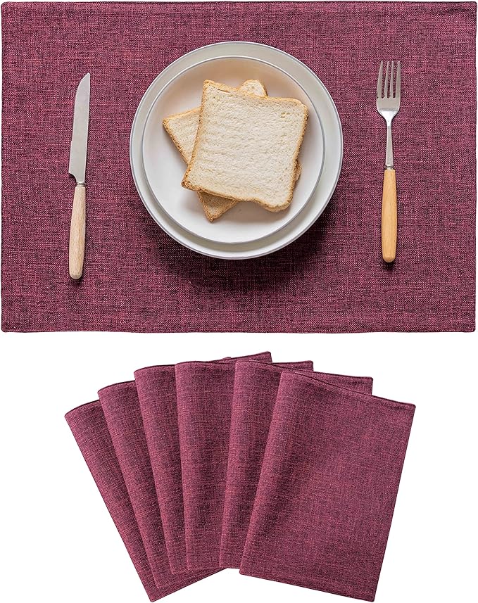 Home Brilliant Red Placemats for Holiday Linen Placemats Heat Resistant Dining Table Mats Kitchen Place Mats Dinner Decor, Set of 6, Wine Red