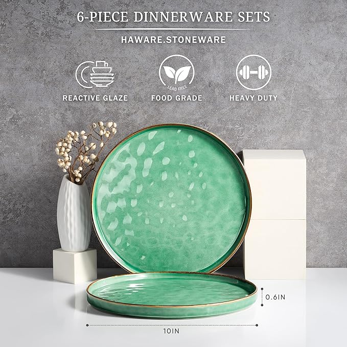 HaWare Stoneware Dinner Plates Set of 6, 10" Heavy Duty Ceramic Plate, Reactive Glaze Ripple Dinnerware for Home Restaurant, Chip and Scratch Resistant, Microwave and Dishwasher Safe, Reactive Green