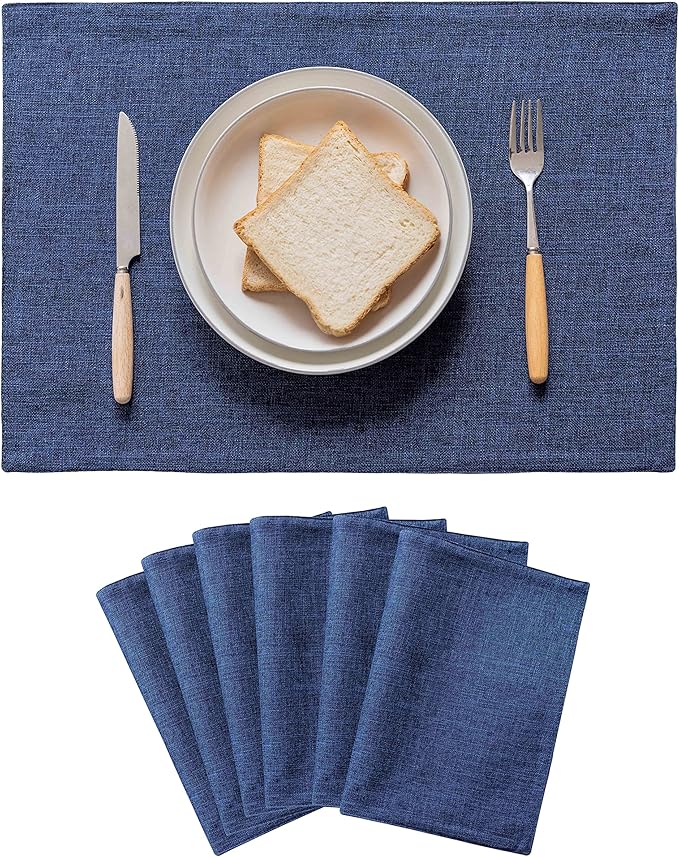 Home Brilliant Placemats Set of 6 Linen Blue Placemats Heat Resistant Dining Table Place Mats Kitchen Table Mats, Indigo