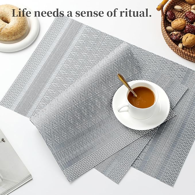 Leetaltree Lunar Grey Placemats Set of 4 - Heat Resistant Non-Slip Place mats for Dining Table, Washable Durable PVC Vinyl Woven Table Mats（Lunar Grey, 4）