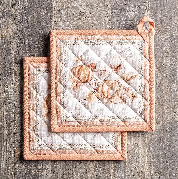 Maison d' Hermine Pot Holders Set 100% Cotton Heat Resistant Potholders 8" x 8" Hot Pads with Loop BBQ, Cooking, Baking, Grilling, Kitchen, Handling Hot Pans (Pack of 2, Giving Thanks)
