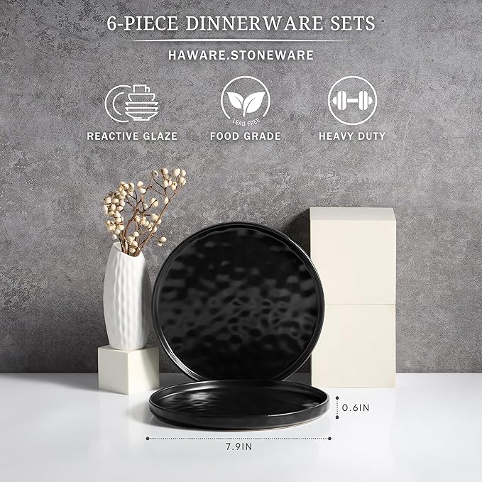 HaWare Stoneware Plates Set of 6, 7.9" Salad Plates, Reactive Glaze Ripple Ceramic Dish Set for Appetizer, Dessert, Scratch Resistant, Small Dinner Plate, Microwave and Dishwasher Safe, Matte Black