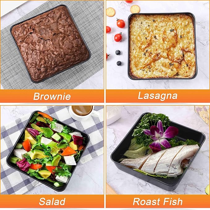 Herogo 8 x 8 Baking Pan Set of 2, Non-Stick Square Cake Pan for Oven, Stainless Steel Black Lasagna Brownies Casseroles Cakes Bakeware, Dishwasher Safe