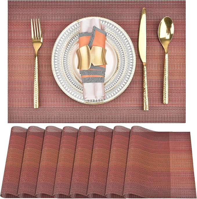 Placemats Set of 8 - Easy Clean Washable Vinyl Placemats - Wipeable Heat Resistant Table Mats for Dining Table - 17.7x11.8 Inch (8, Red Gradient)
