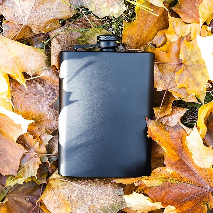 Hip Flask for Liquor for Men and for Women - Stainless Steel Flask - Drinking Flask for Whiskey Alcohol includes flask funnel (Leakproof, Rustproof, 8 ounce, All Black)