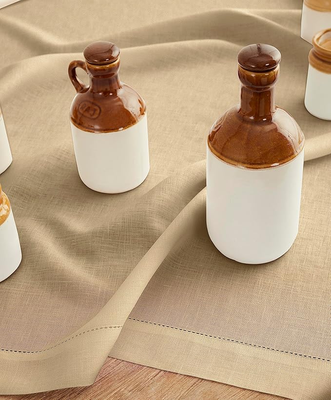 Solino Home Linen Square Tablecloth 52 x 52 Inch - 100% Pure Linen Beige Table Throw - Classic Hemstitch, Machine Washable Table Cloth for Summer, Fall, Autumn